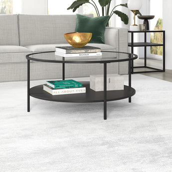 Sivil 36'' Wide Round Coffee Table with Glass Top and Metal Shelf