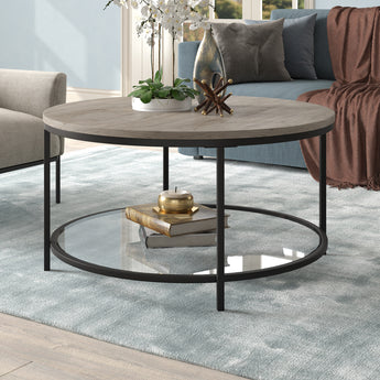 Sevilla 32'' Wide Round Coffee Table with MDF Top and Glass Shelf